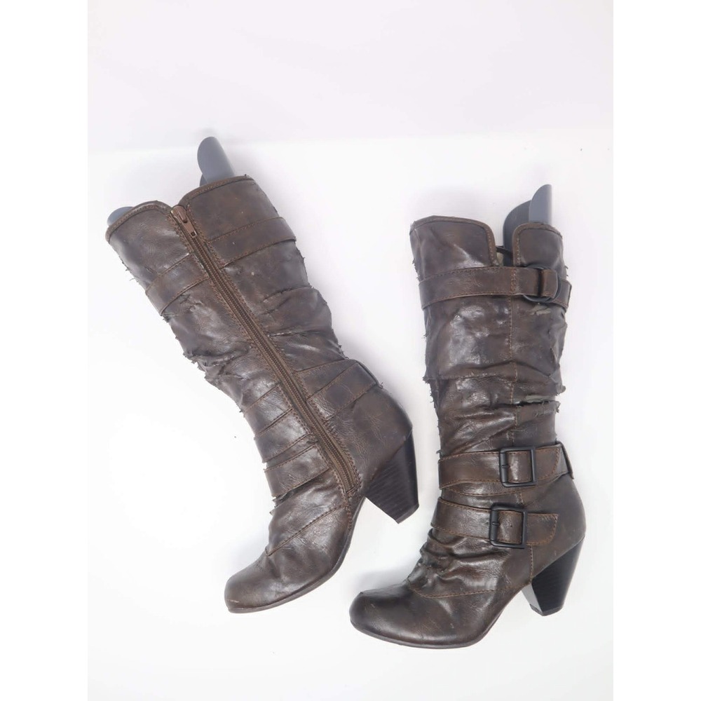 *VERY FLAWED* Brown Distressed Buckle Boots 6 Call It Spring Womens Steampunk